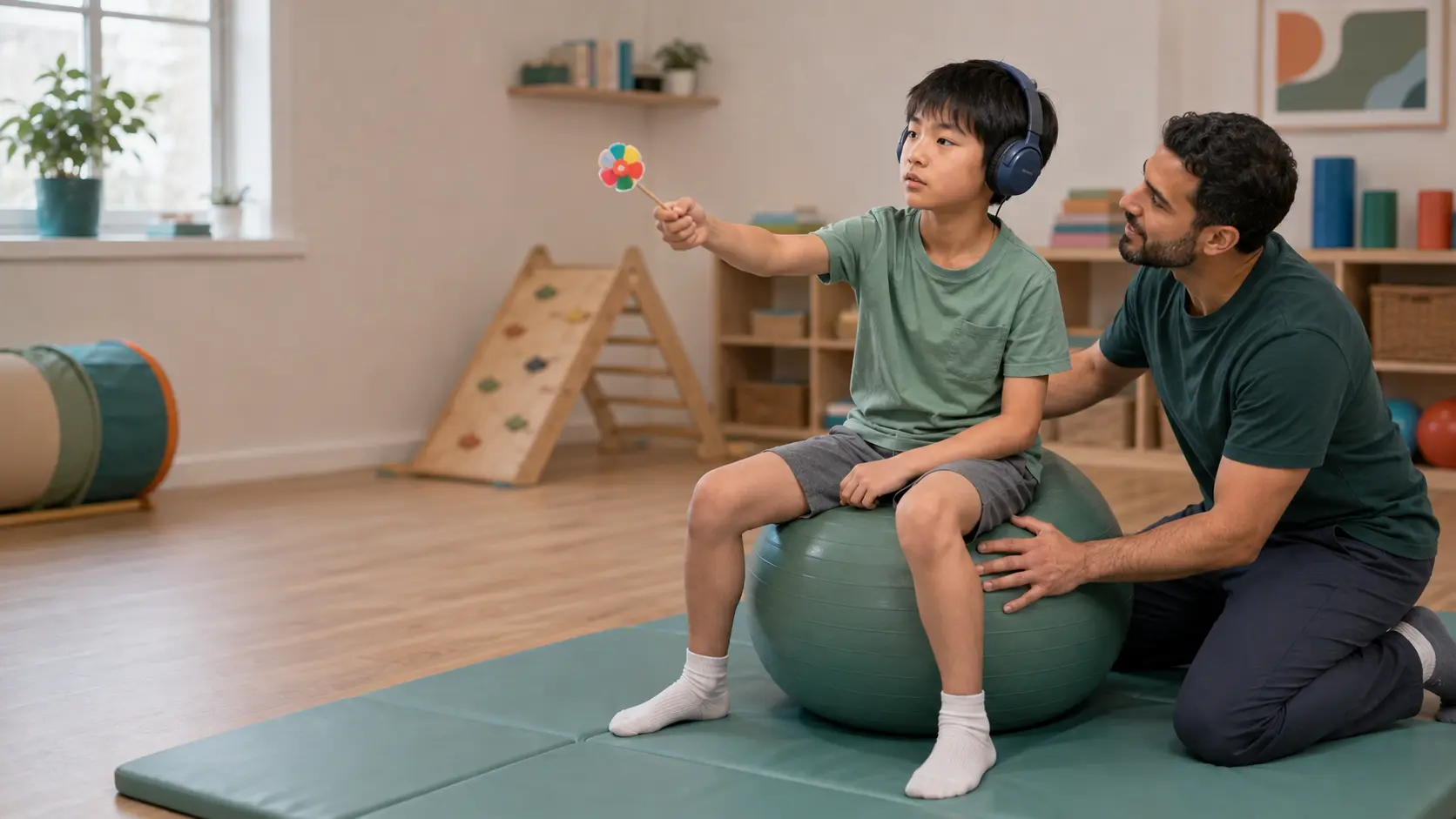 Child participating in vestibular-visual Astronaut Training with a therapist