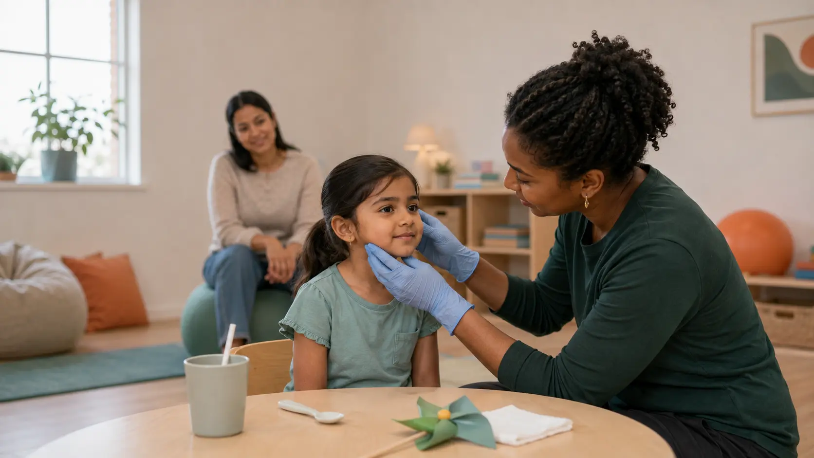 Therapist supporting a child through an oral motor intervention