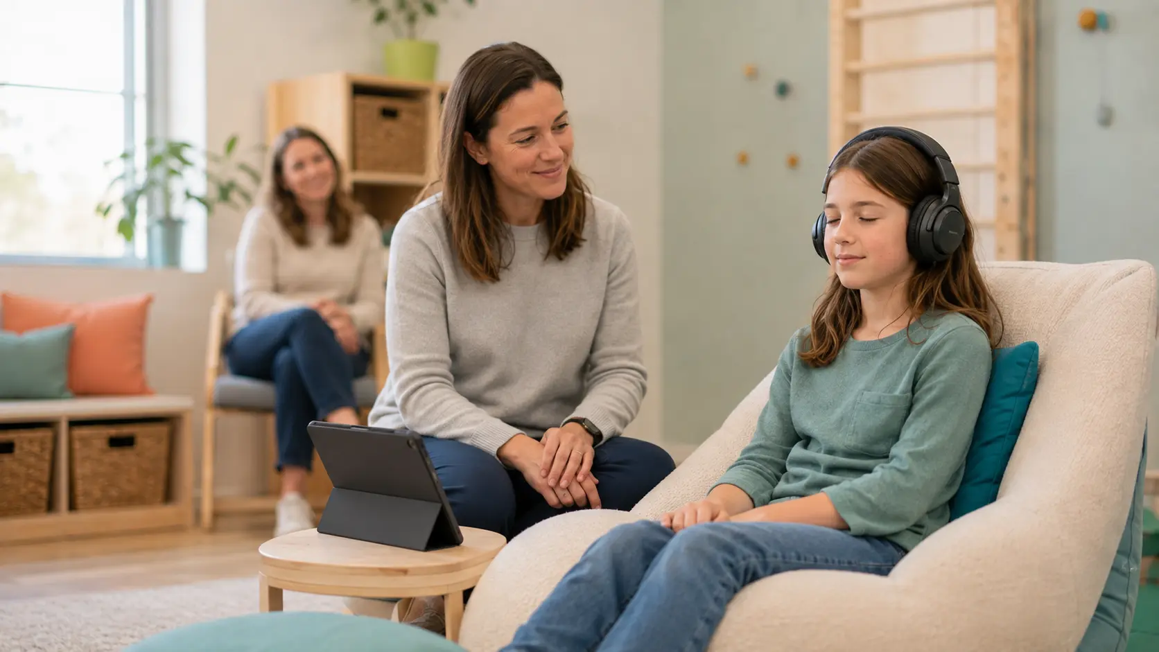 Child listening to the Safe and Sound Protocol with therapist support
