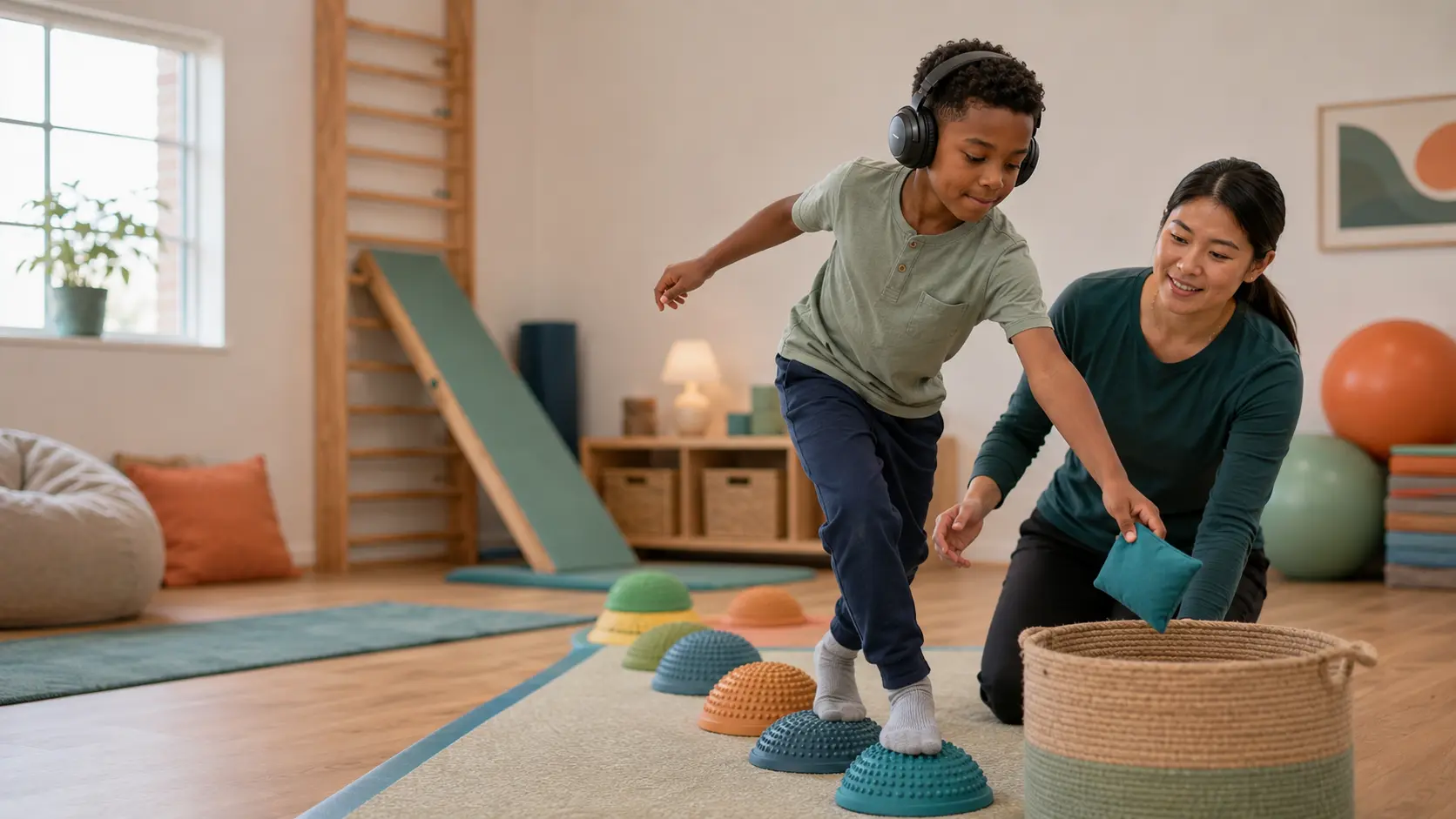 Child combining listening with a purposeful movement activity